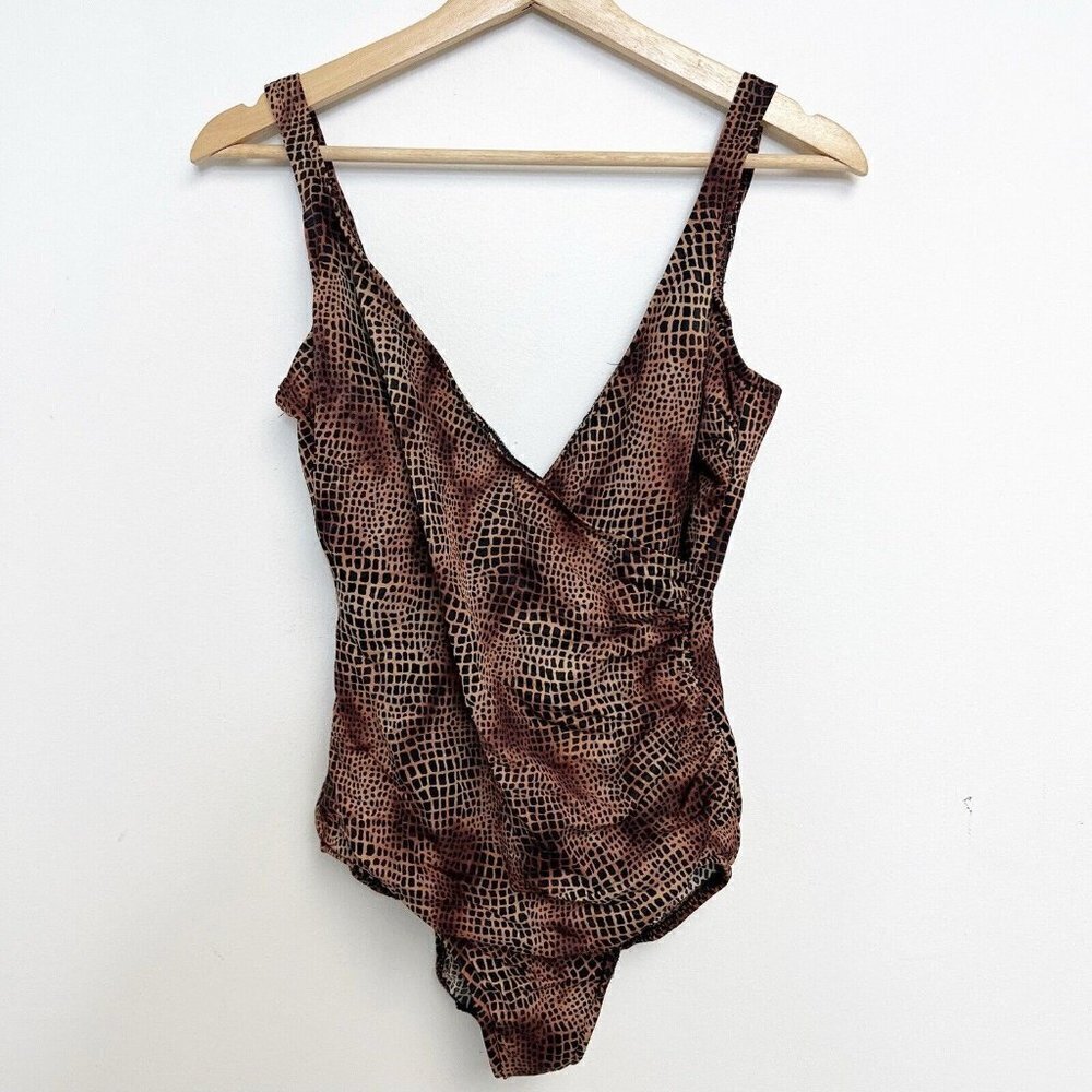 Miraclesuit Wire-Free One-Piece Black Tan Faux Wrap Sliming Animal Print